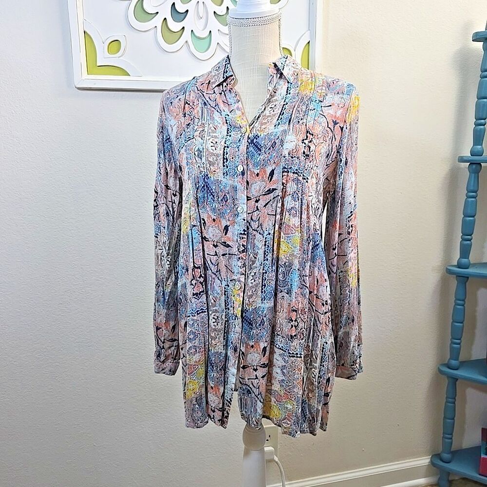 Jane & Delancey Tunic Women's Size M Colorful Print Button Up Long Sleeve Shirt